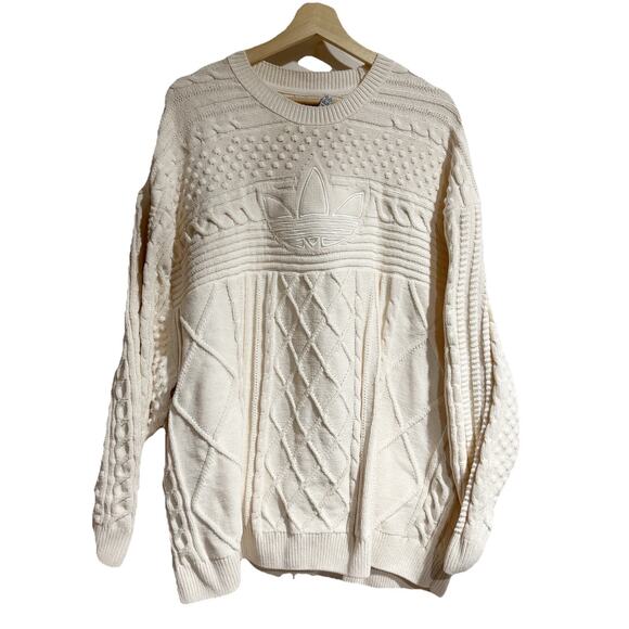 Adidas Women 2XL 70s Trefoil Sweater Wonder White Cable Knit Pullover - Picture 1 of 7